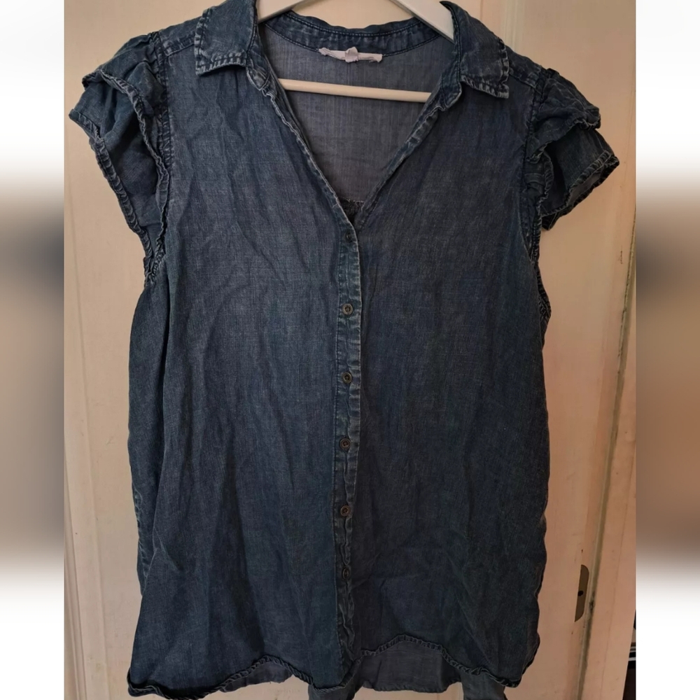 Blue Ruffled Cap Sleeve Button Down Shirt